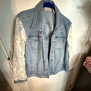 Chico's Light Blue Denim Jacket with White Lace Sleeves